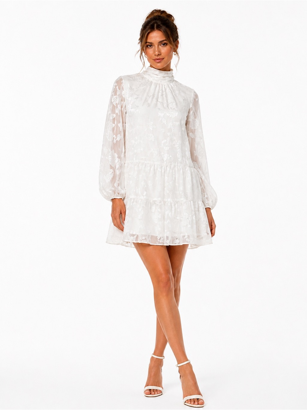 Badgley Mischka Ansley Mock Neck Bow Back Dress White Floral Size 4 NWT